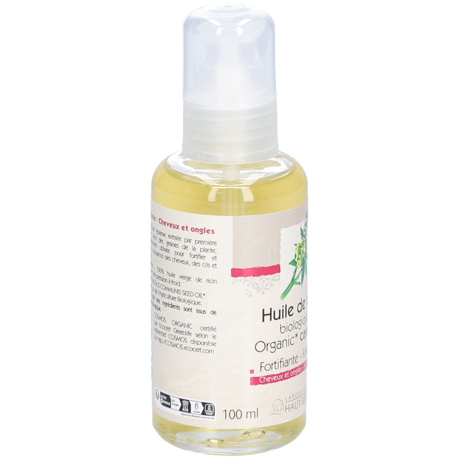 Ölflasche mit Aufschrift: Huile de ricin biologique, Fortifiante, Cosmos Organic.