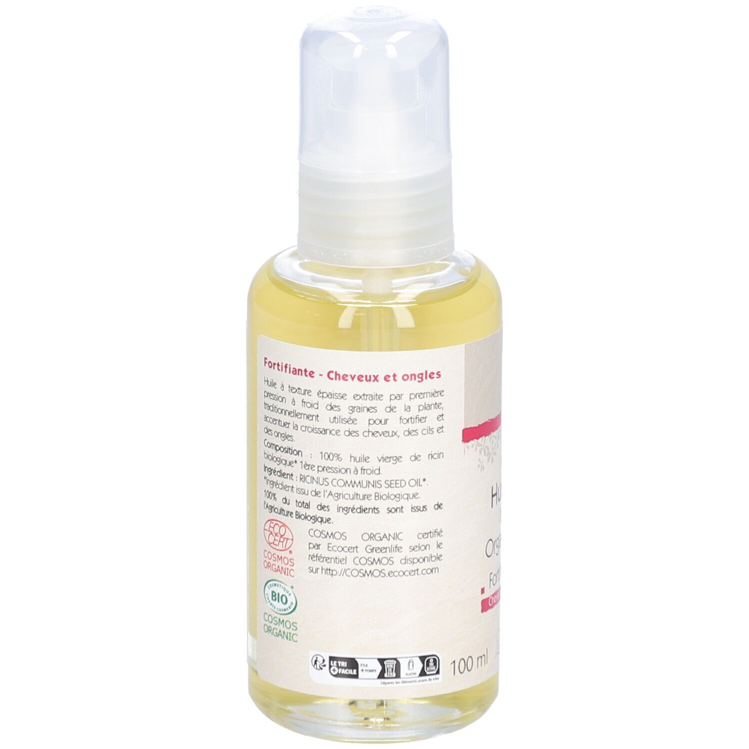 Ölflasche mit Aufschrift: Huile de ricin biologique, Fortifiante, Cosmos Organic.