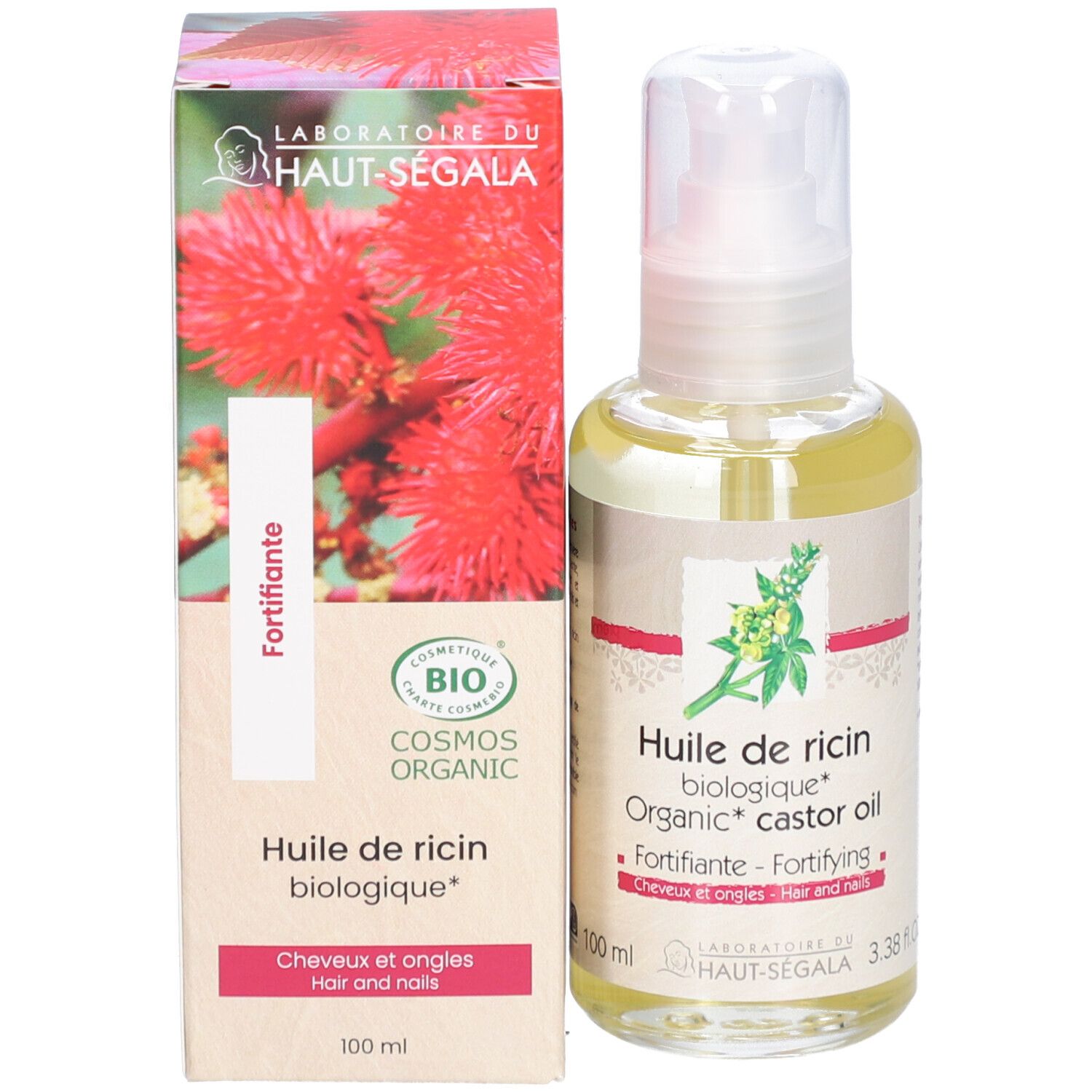 Ölflasche und Karton. Aufschrift: Huile de ricin biologique, Fortifiante, Cosmos Organic.