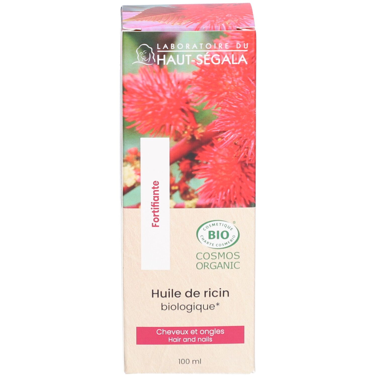 Karton mit Aufschrift: Huile de ricin biologique, Fortifiante, Cosmos Organic.