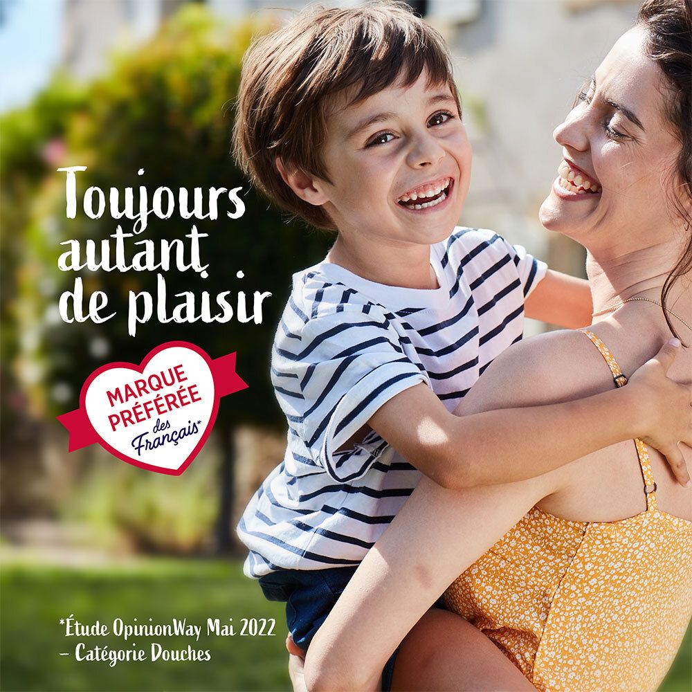 Mutter und Kind umarmen sich. Aufschrift: Marque préférée des Français. Text: Toujours autant de plaisir.