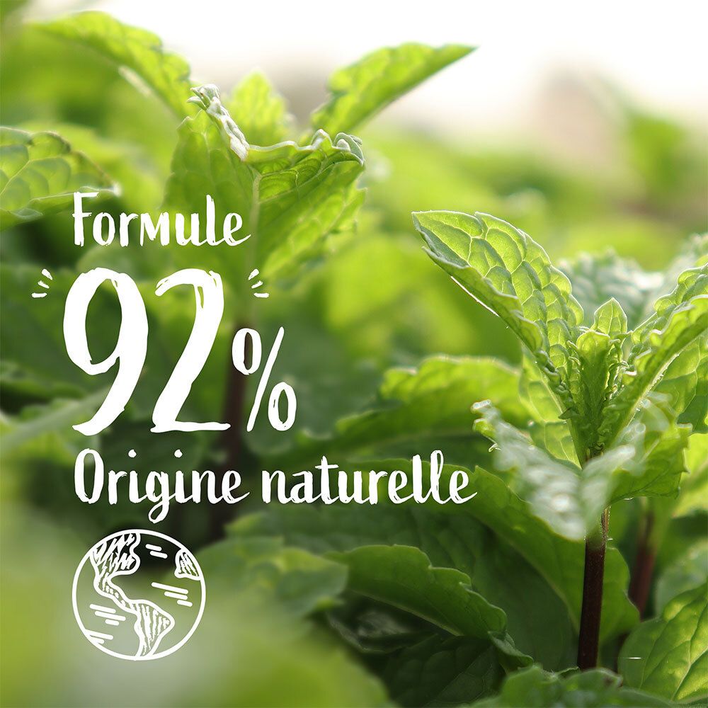 Nahaufnahme von Minzblättern. Text: Formule 92% Origine naturelle. Logo: Weltkugel.