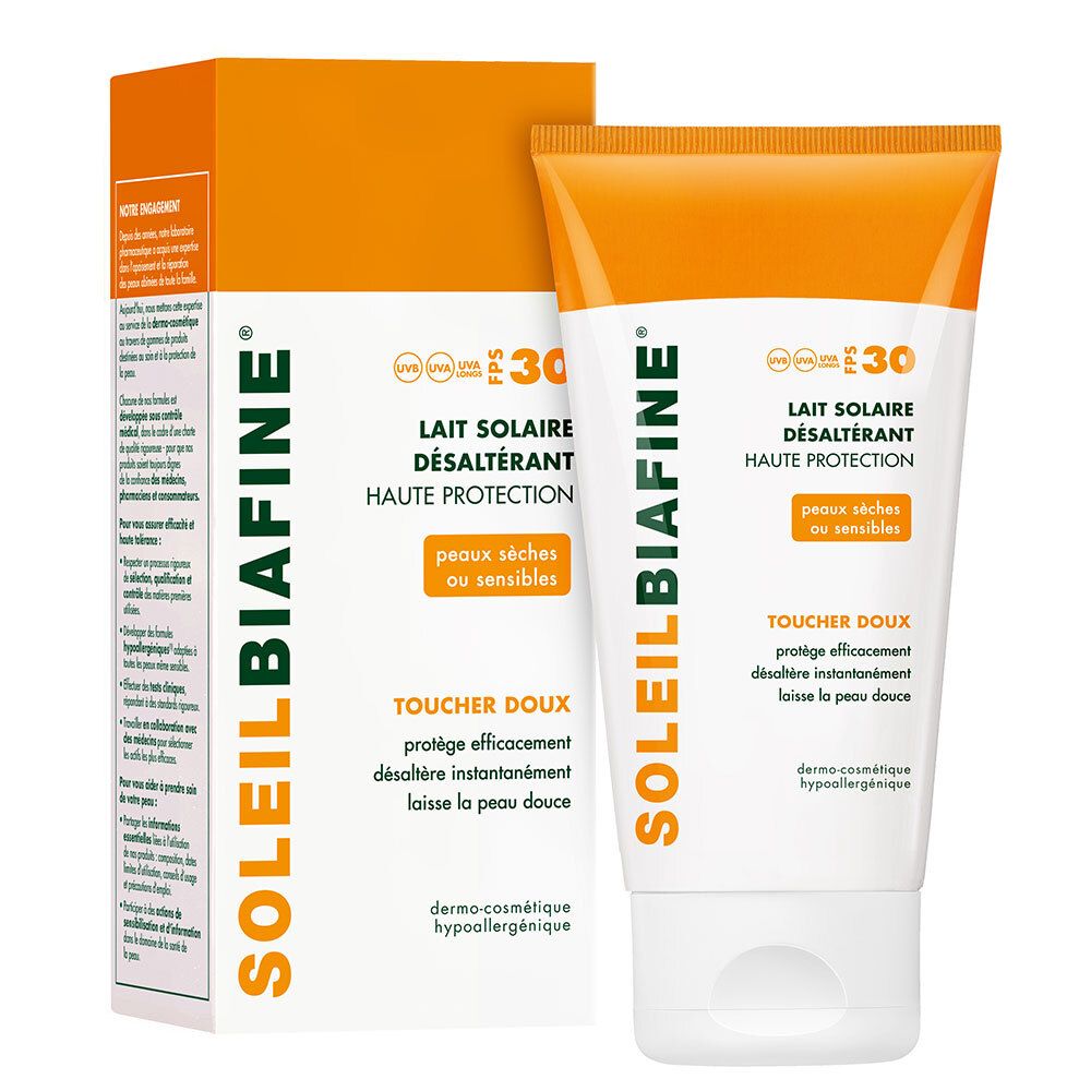 Lait solaire et emballage SoleilBiafine® SPF 30. Design blanc et orange. Texte : Lait Solaire Désaltérant, Haute Protection, peaux sèches ou sensibles.