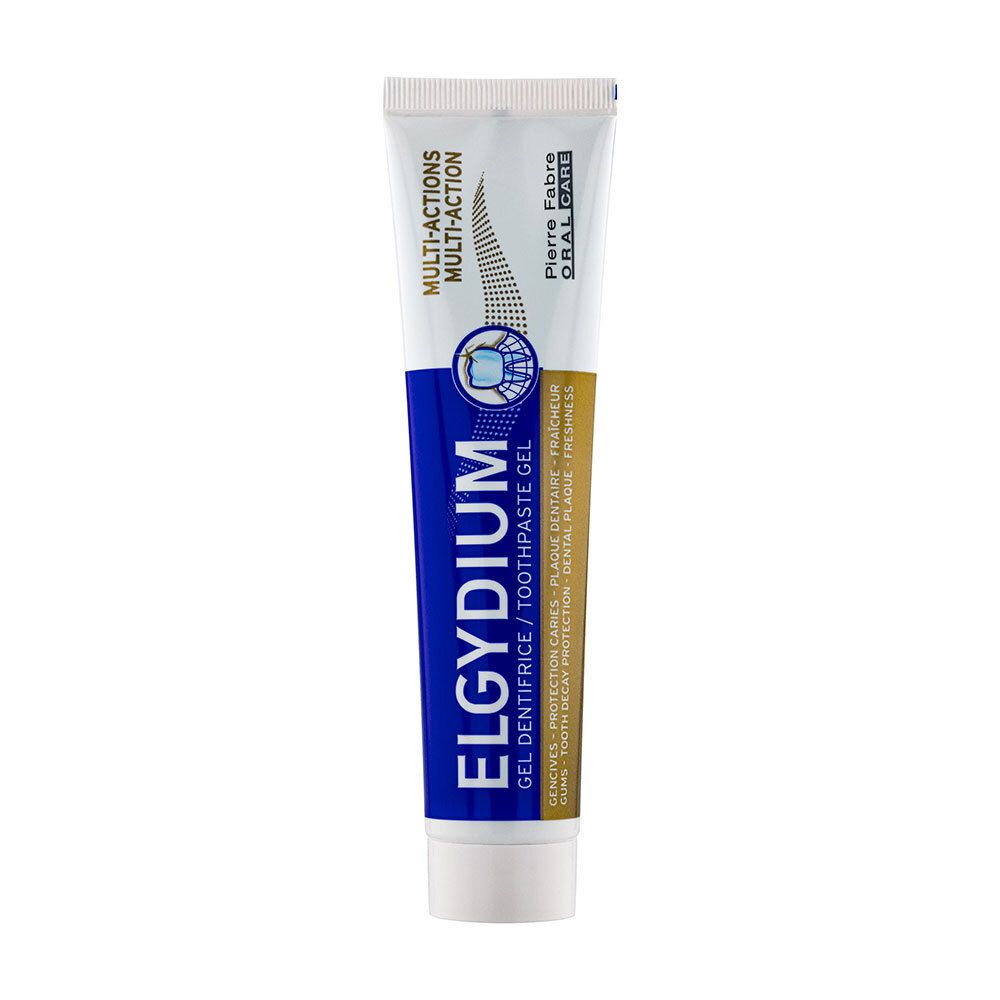Zahnpflegegel-Tube, blau-weiß. Aufschrift: ELGYDIUM, Multi-Aktions-Gel, Pierre Fabre. Enthält Zahnpflege-Informationen.