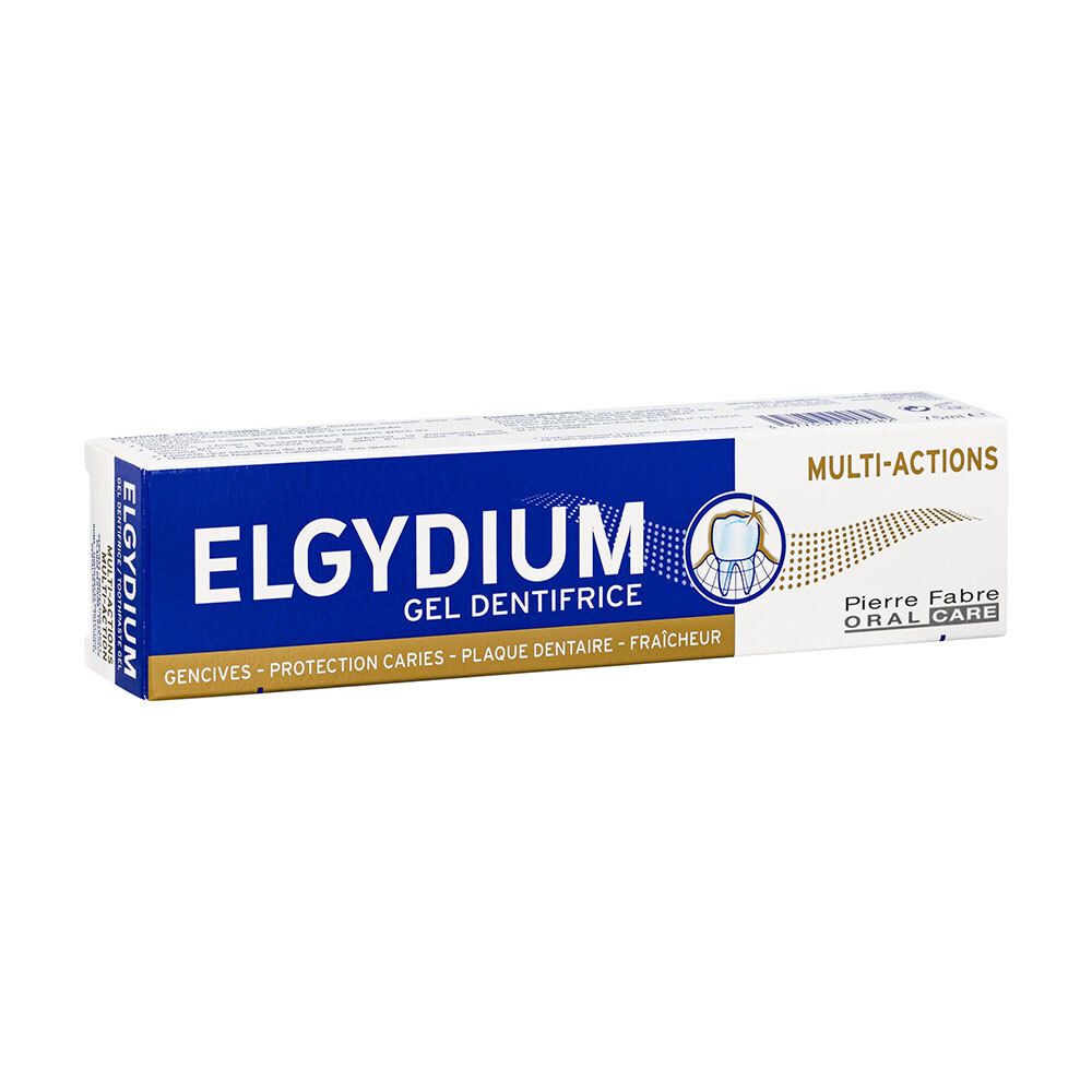 Zahnpflegegel-Verpackung, rechteckig. Aufschrift: ELGYDIUM, Multi-Aktions-Gel, Pierre Fabre. Enthält Informationen zur Zahnpflege.