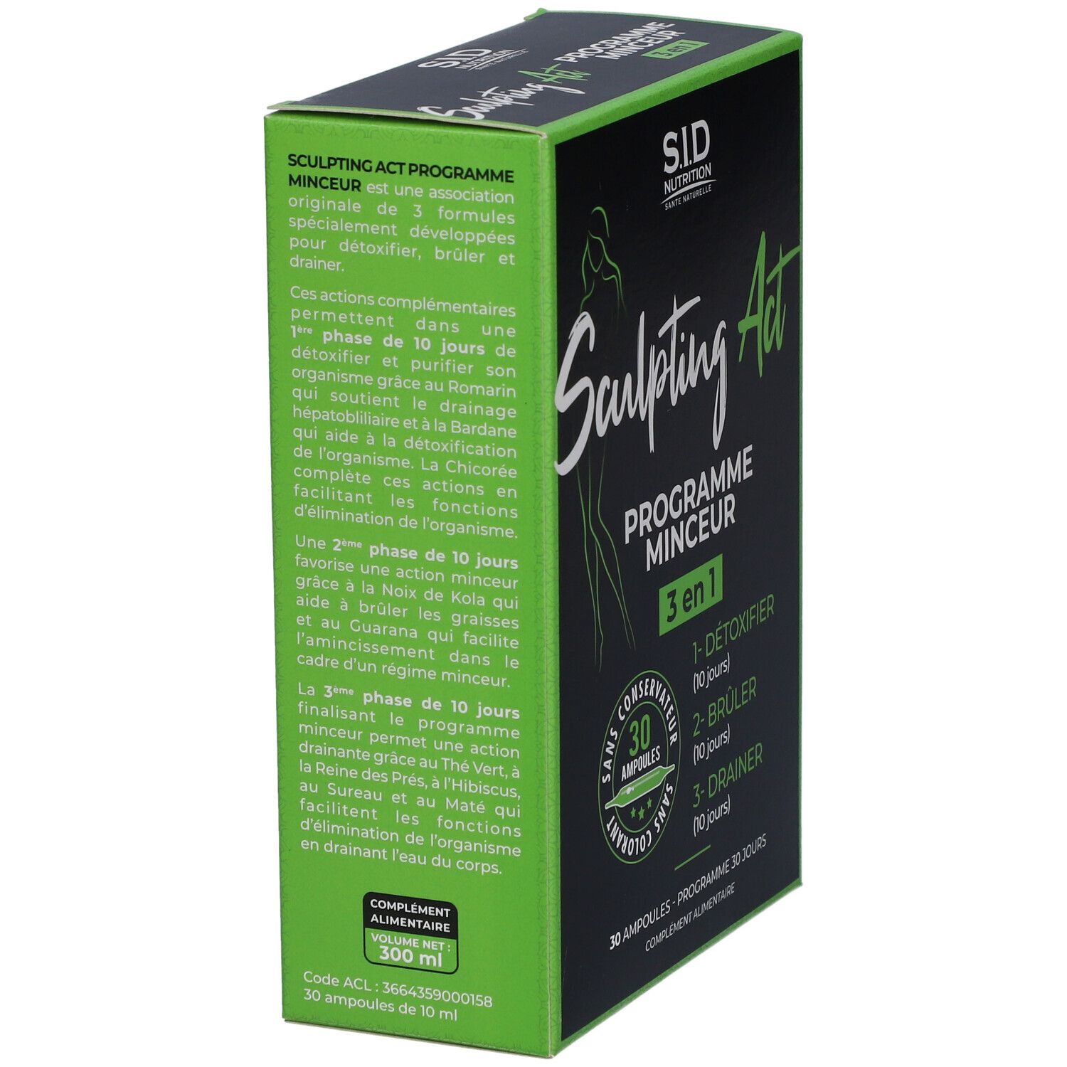 Boîte noire et verte, vue latérale. Nom du produit, détails et logo.