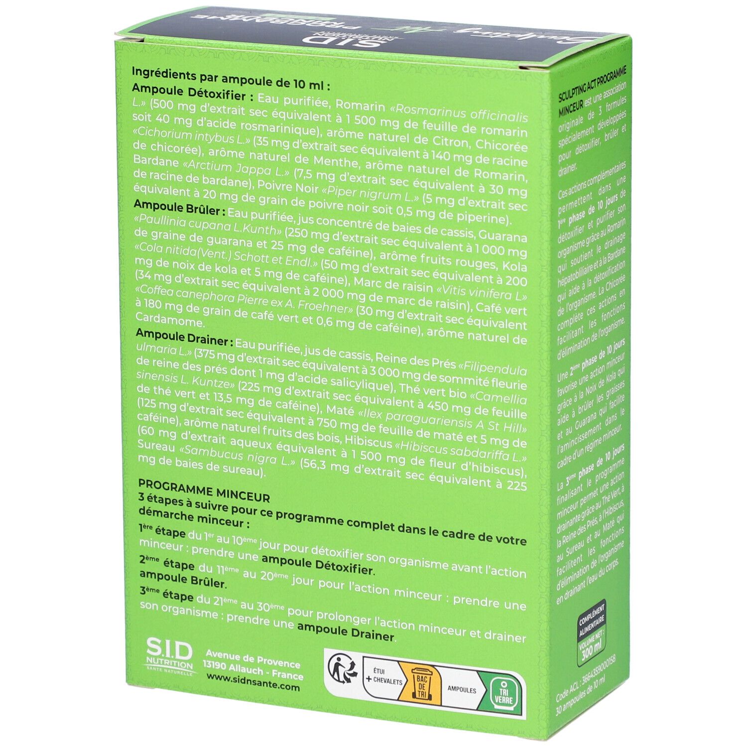 Boîte verte avec détails des ingrédients. Liste des ingrédients des ampoules, informations détaillées.