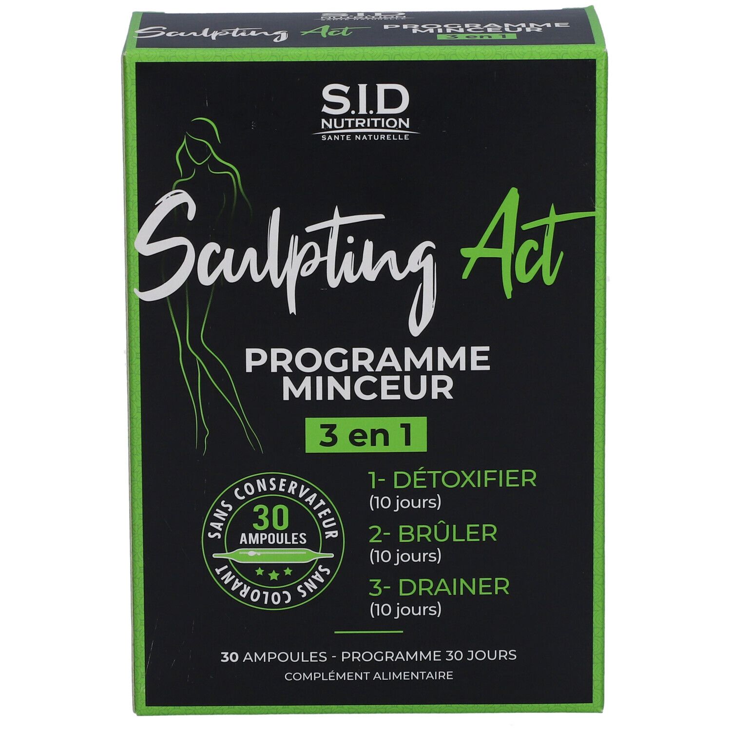 Boîte noire et verte avec nom du produit et informations. 30 ampoules, programme 3 en 1.