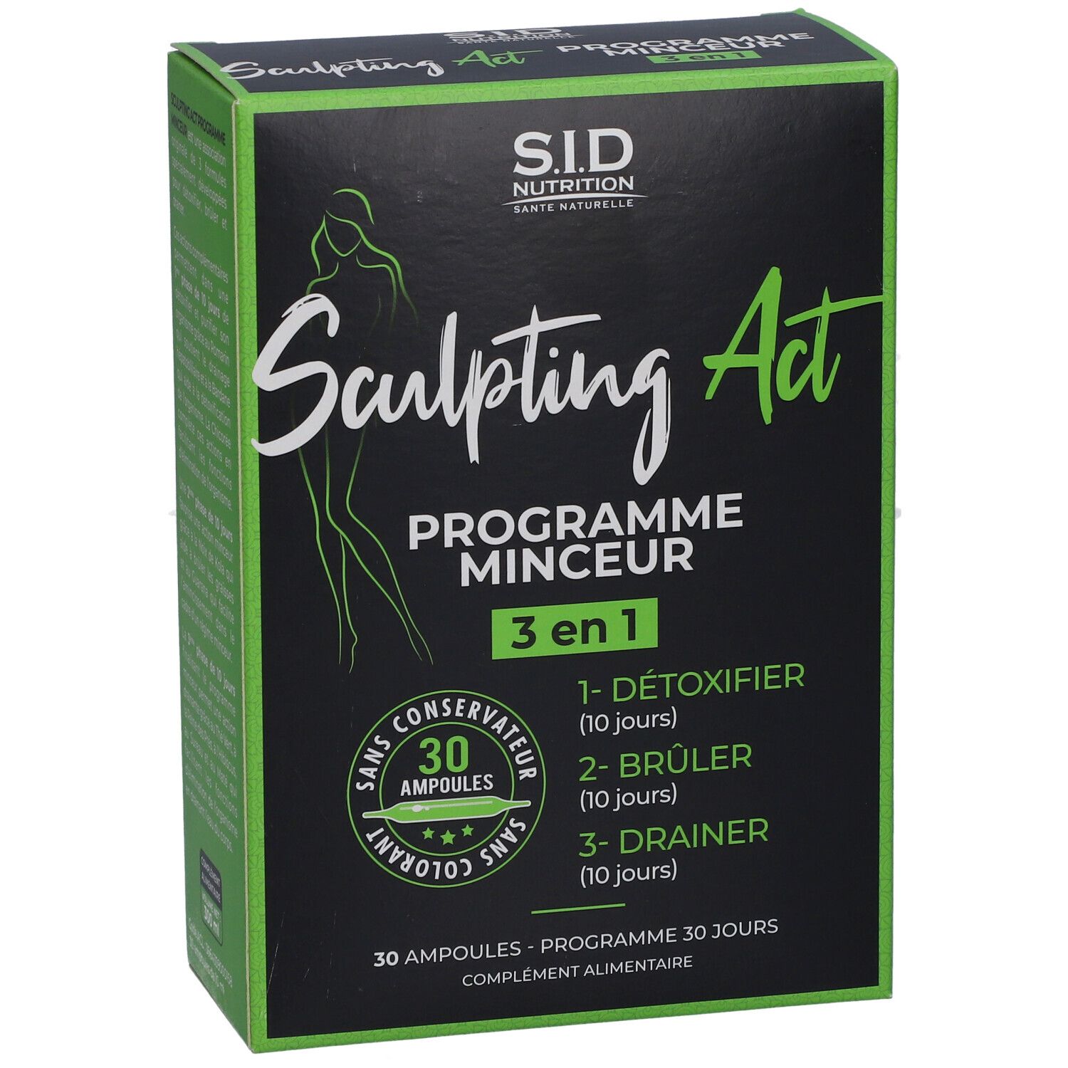 Boîte noire et verte avec nom du produit et informations. 30 ampoules, programme 3 en 1.