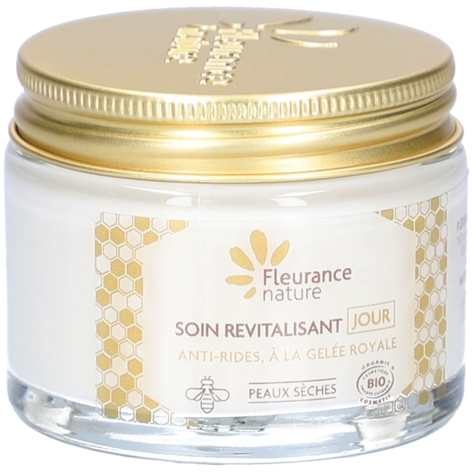 Tagescreme-Glas mit goldenem Deckel. Aufschrift: Fleurance Nature, Soin Revitalisant Jour, Anti-Rides, à la Gelée Royale. Bio-Siegel.