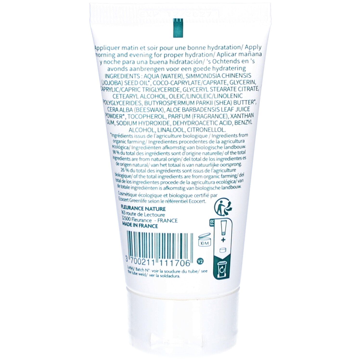 Rückseite der Creme-Tube. Enthält Inhaltsstoffe und Herstellerinformationen. Barcode und Recycling-Symbole.