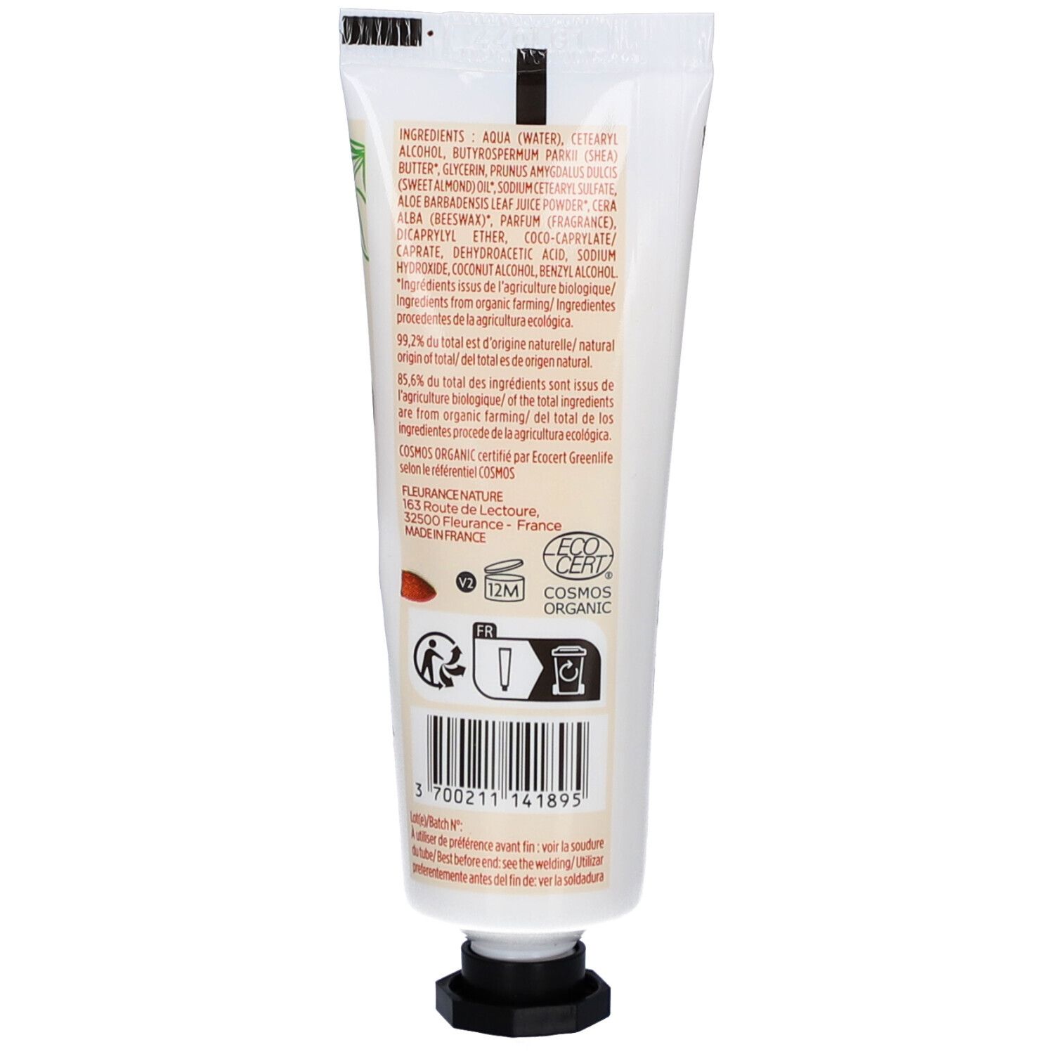 Rückseite der Creme-Tube. Auflistung der Inhaltsstoffe und Bio-Zertifizierung. Barcode und Recycling-Symbole.