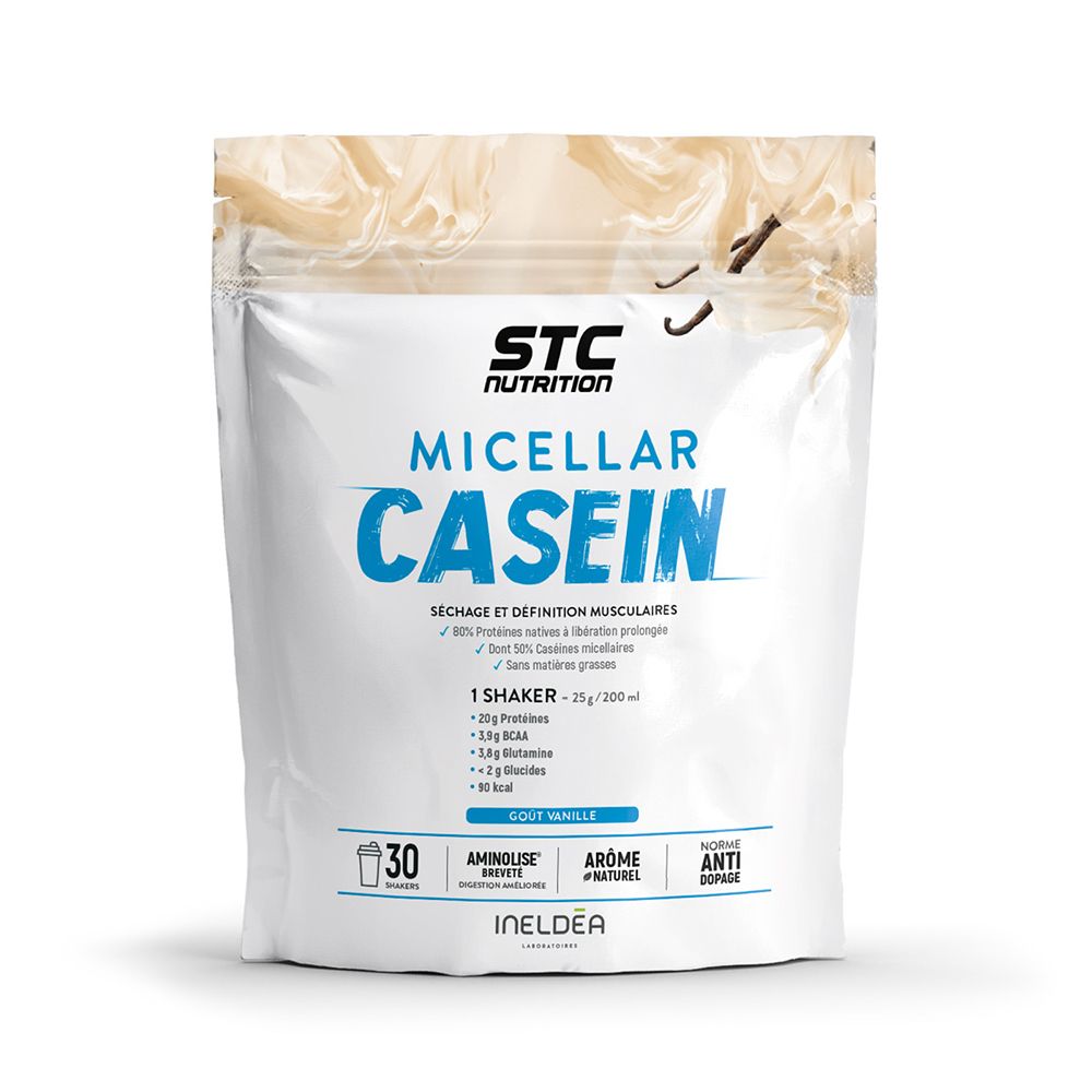 Sachet STC Nutrition Micellar Casein Vanille. Texte: Micellar Casein, 30 portions, 20g protéines, 1.5g BCAA, 3.6g glutamine, 90 kcal. Arôme vanille.