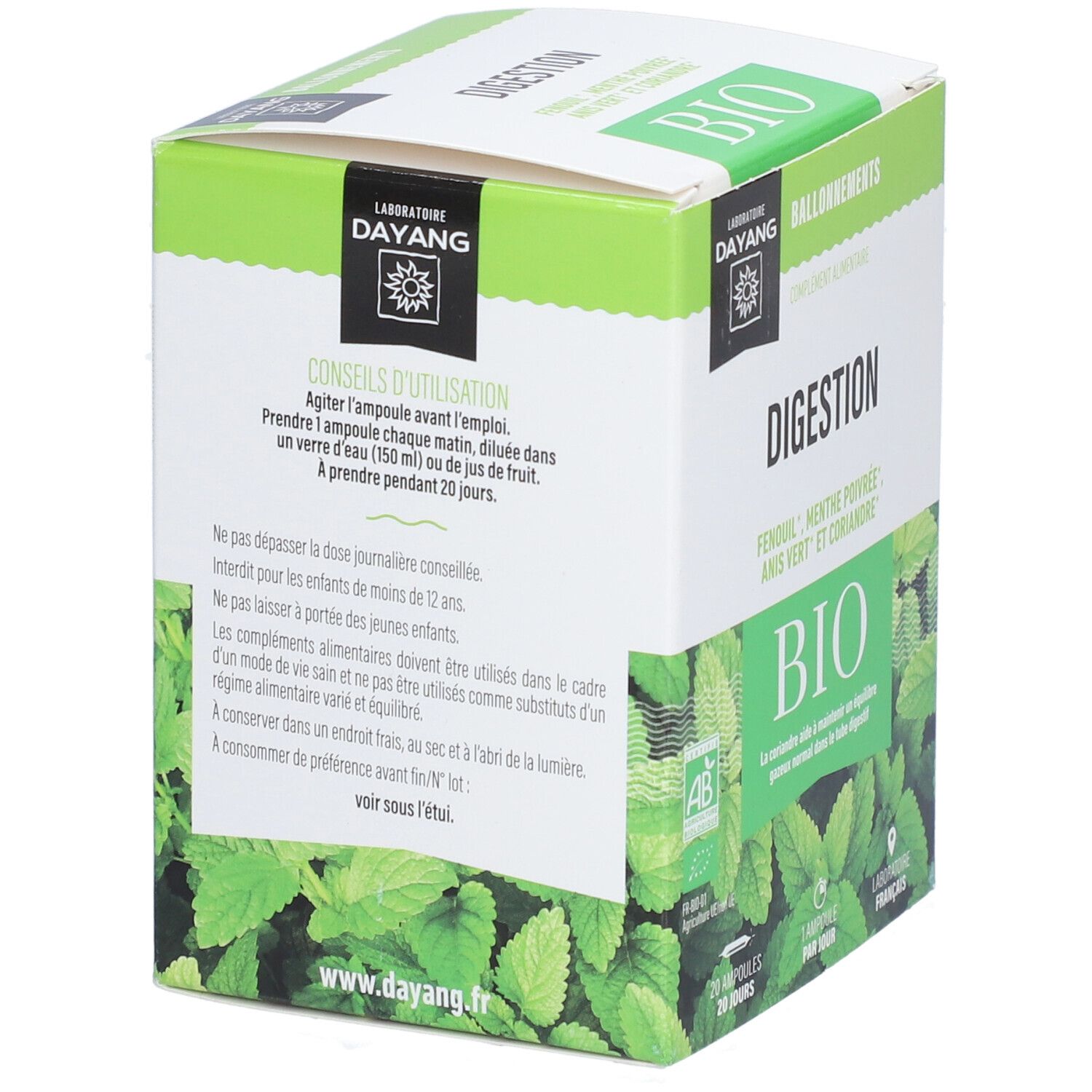 Verpackung von Dayang Verdauung BIO. Anweisungen zur Anwendung, Inhaltsstoffe und Haltbarkeit. BIO-Logo und Website-Adresse.