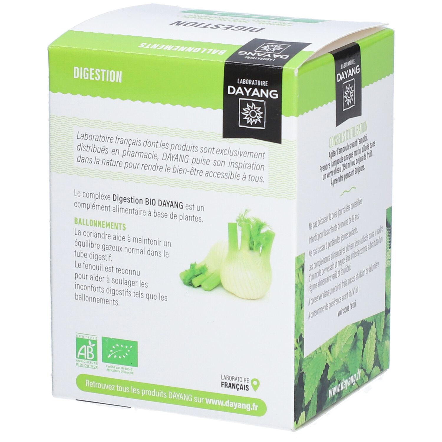 Rückseite der Dayang Verdauung BIO Verpackung. Informationen über das Produkt und die Marke. AB-Bio-Zertifizierung.