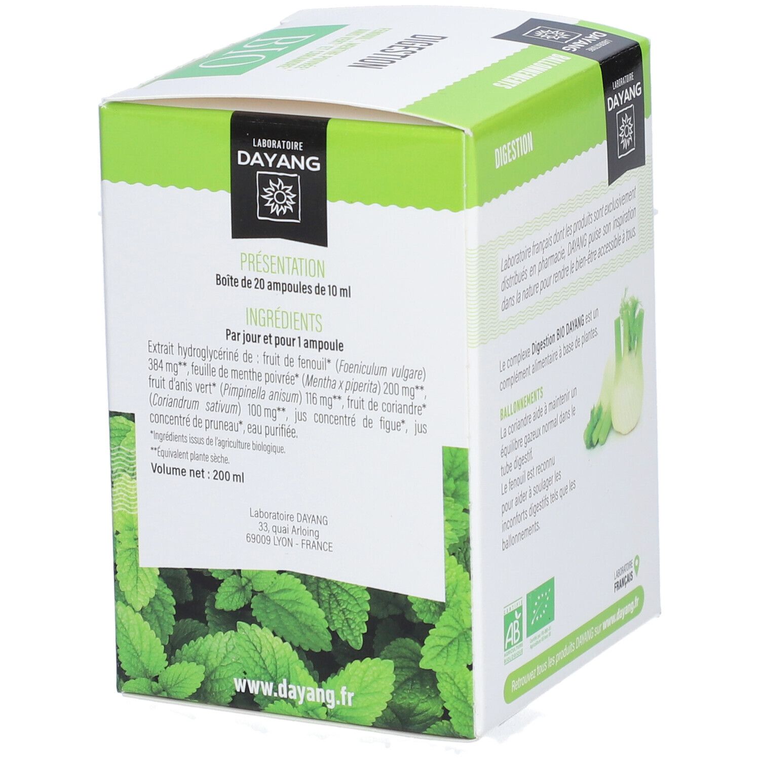 Dayang Verdauung BIO Verpackung. Zutatenliste, Volumen und Herstellerinformationen. BIO-Zertifizierung.