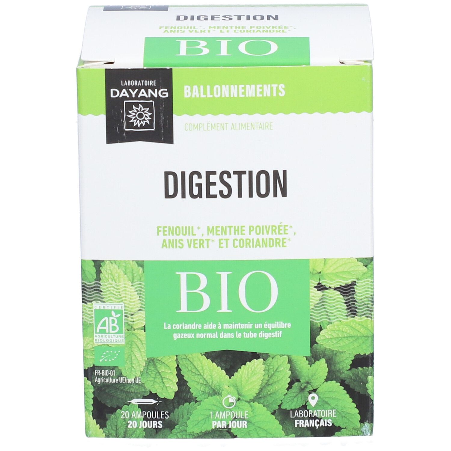 Dayang Verdauung BIO Verpackung. Vorderseite mit Produktnamen, Zutaten und BIO-Logo. AB-Bio-Zertifizierung.