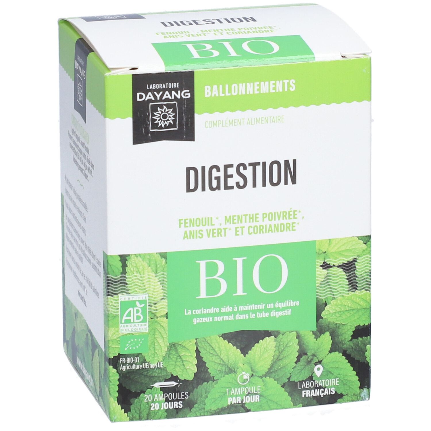 Dayang Verdauung BIO Verpackung. Vorderseite mit Produktnamen, Zutaten und BIO-Logo. AB-Bio-Zertifizierung.