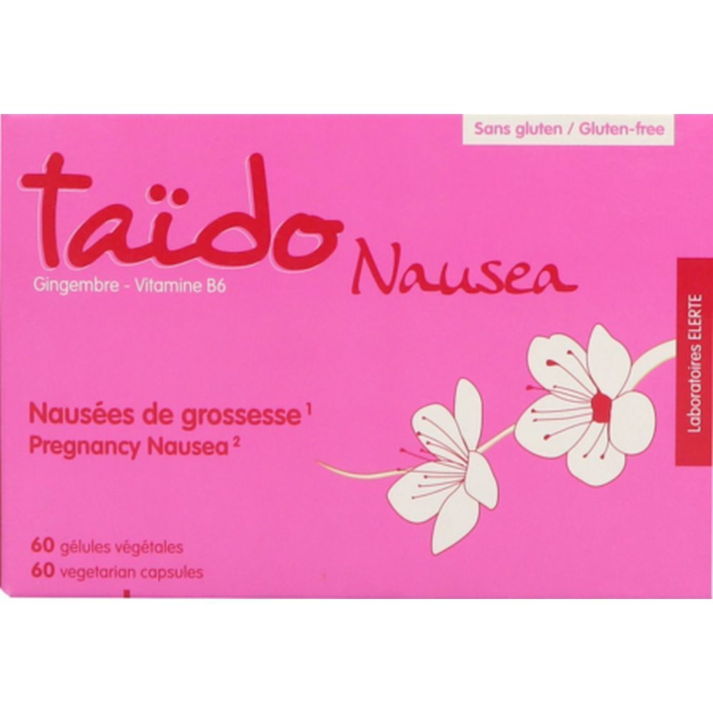 Boîte rose "Taïdo Nausea". Ingrédients: Gingembre, Vitamine B6. Texte: Nausées de grossesse, 60 gélules. Sans gluten.
