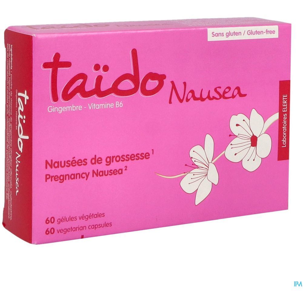 Boîte rose "Taïdo Nausea" en perspective. Ingrédients: Gingembre, Vitamine B6. Texte: Nausées de grossesse, 60 gélules. Sans gluten.
