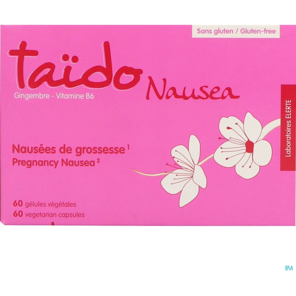 Boîte rose "Taïdo Nausea". Ingrédients: Gingembre, Vitamine B6. Texte: Nausées de grossesse, 60 gélules. Sans gluten. Fleurs.