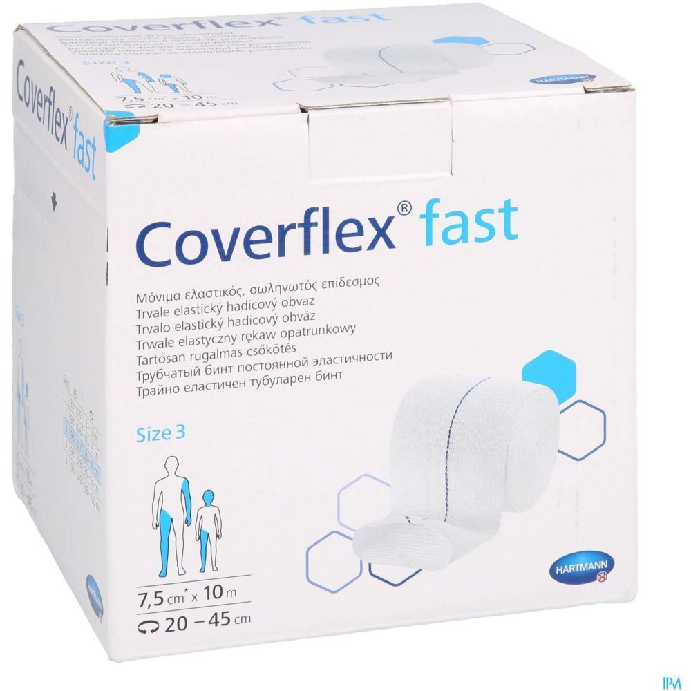 Emballage Coverflex® fast. Inscription: 7,5 cm x 10 m, taille 3. Bandage et emballage blancs.
