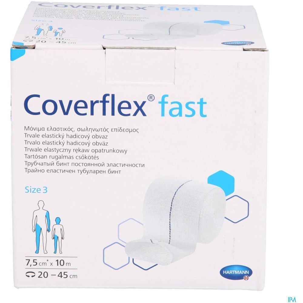 Emballage Coverflex® fast avec bandage. Inscription: 7,5 cm x 10 m, taille 3. Bandage blanc avec couture bleue.