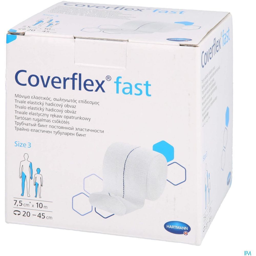 Emballage Coverflex® fast avec bandage. Inscription: 7,5 cm x 10 m, taille 3. Bandage blanc avec couture bleue.