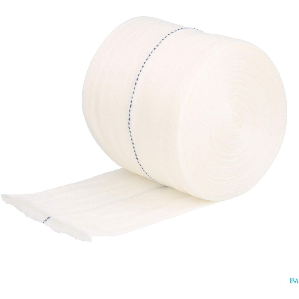 Bandage blanc avec couture bleue. Enroulé.