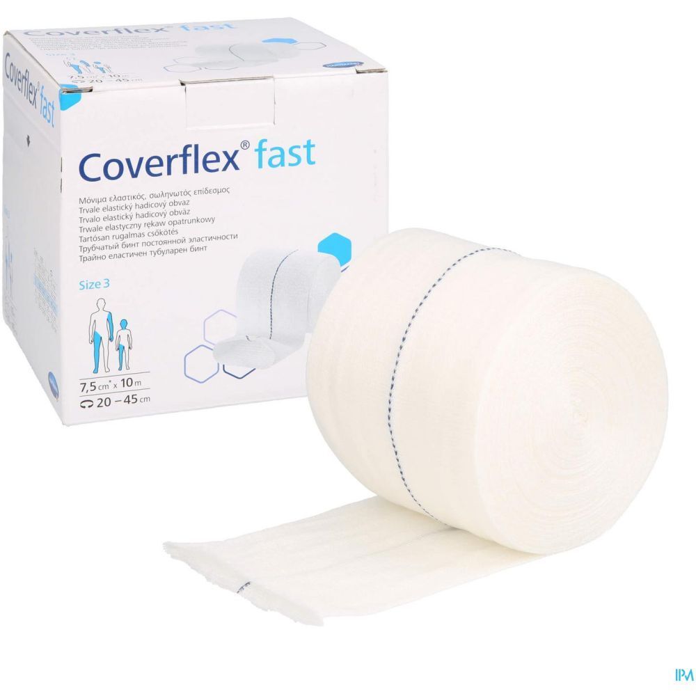 Emballage Coverflex® fast et bandage. Inscription: 7,5 cm x 10 m, taille 3. Bandage blanc avec couture bleue.