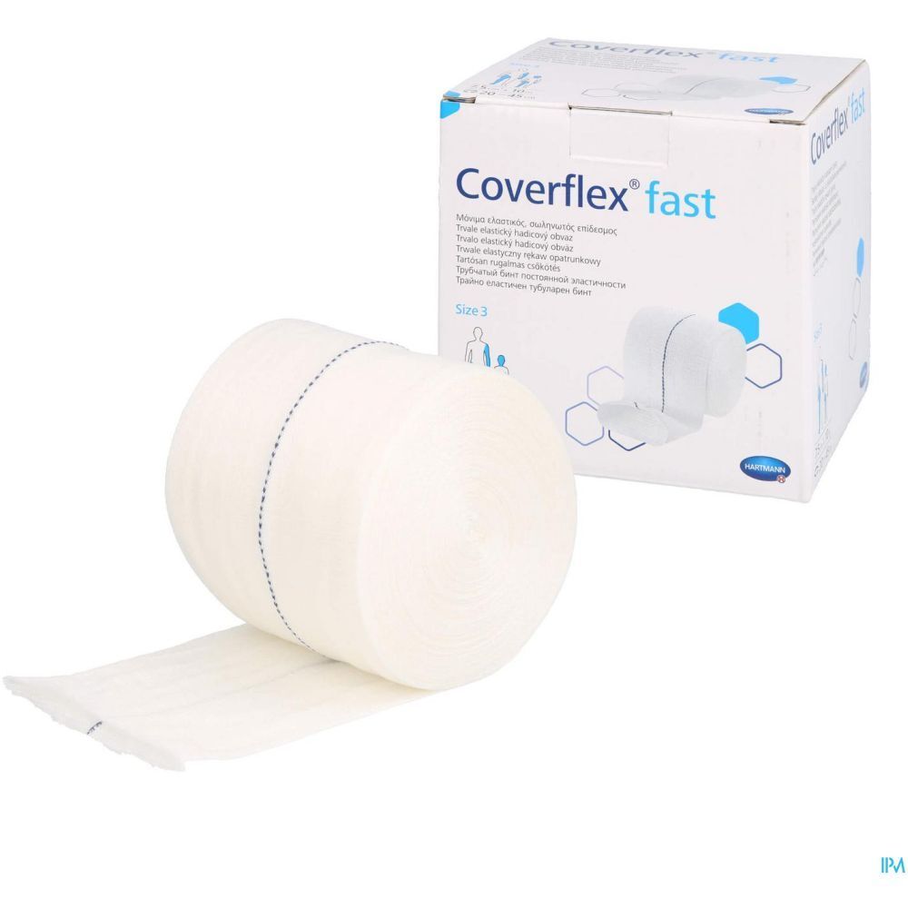 Emballage Coverflex® fast et bandage. Inscription: 7,5 cm x 10 m, taille 3. Bandage blanc avec couture bleue.