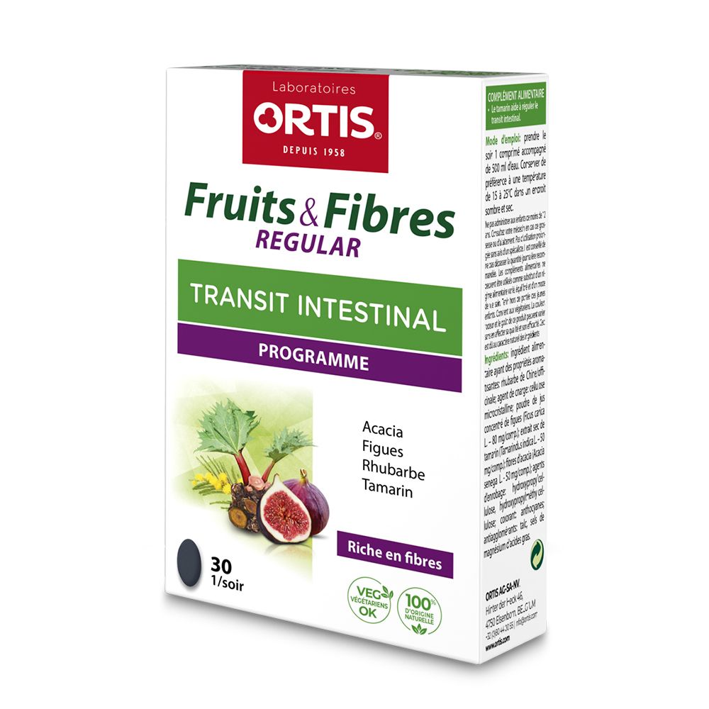 Boîte ORTIS® Fruits & Fibres Regular. Nom du produit, illustration de fruits, 30 comprimés. Certifications.