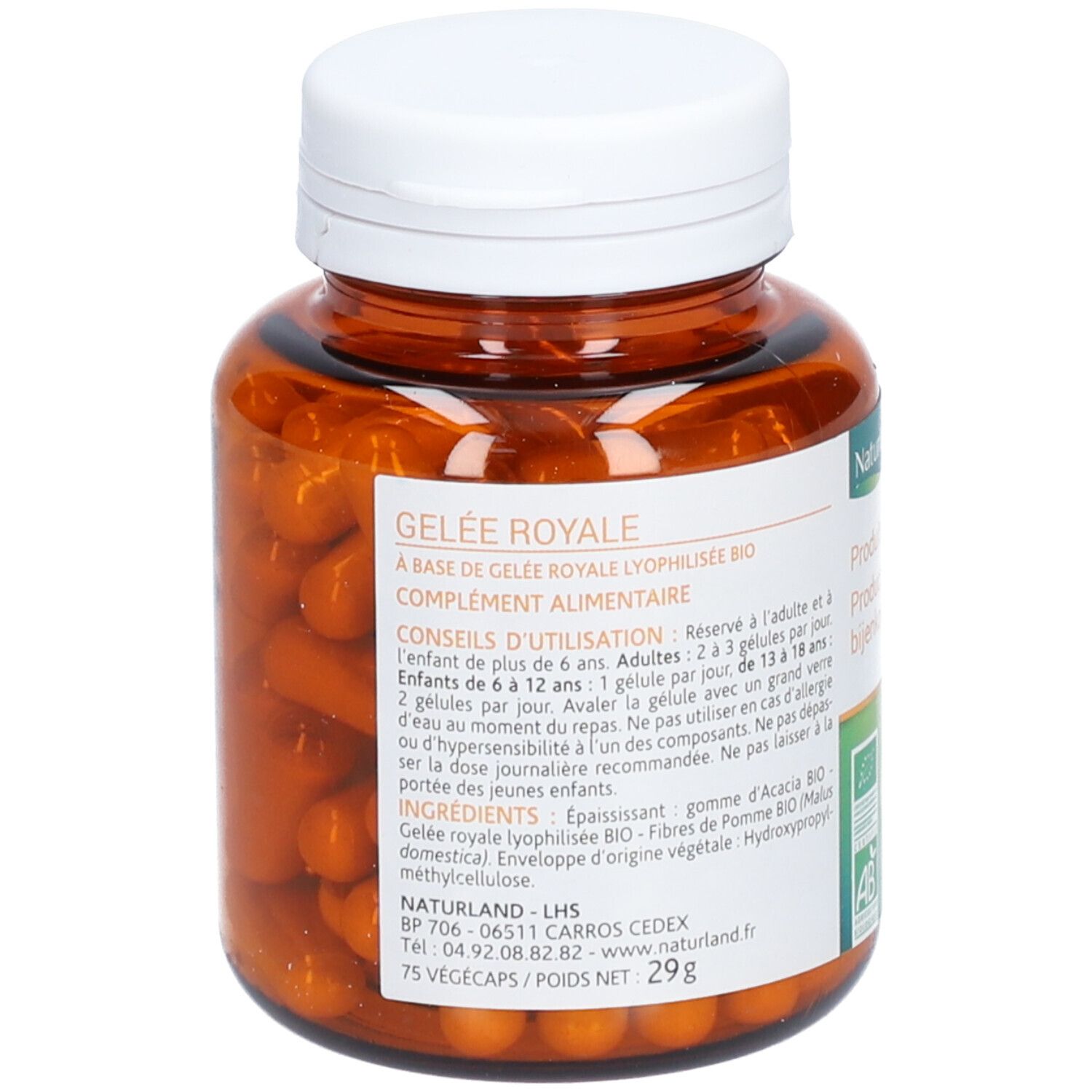 Flacon brun avec bouchon blanc. Dos avec informations produit. Désignation Gelée Royale.