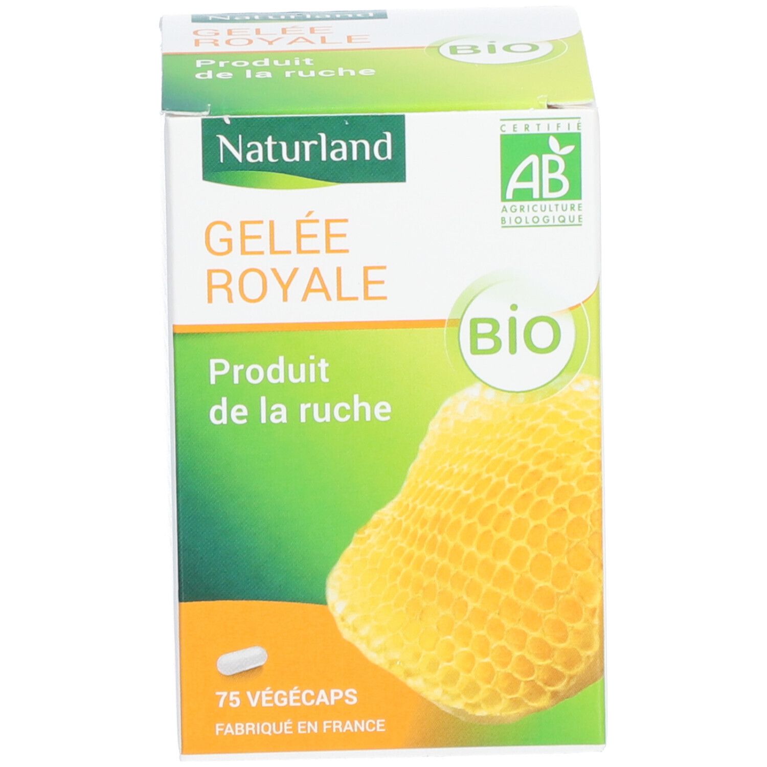 Boîte blanche avec nom du produit et logo. Illustration de rayon de miel. 75 Vegicaps.