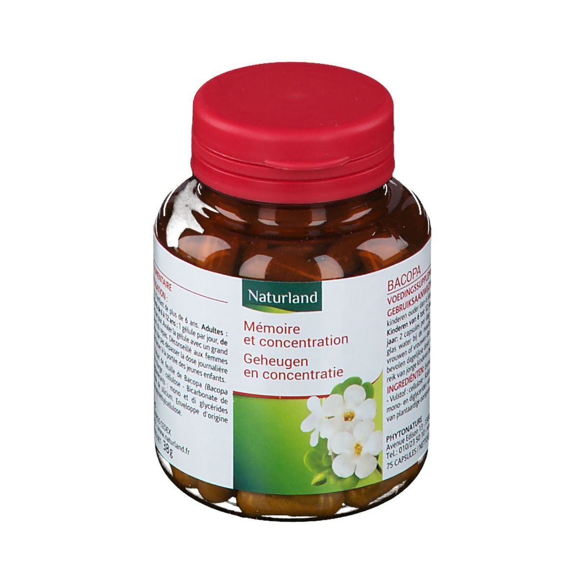Flacon transparent de gélules brunes avec bouchon rouge. Étiquette avec informations produit et logo Naturland. Fleurs blanches.