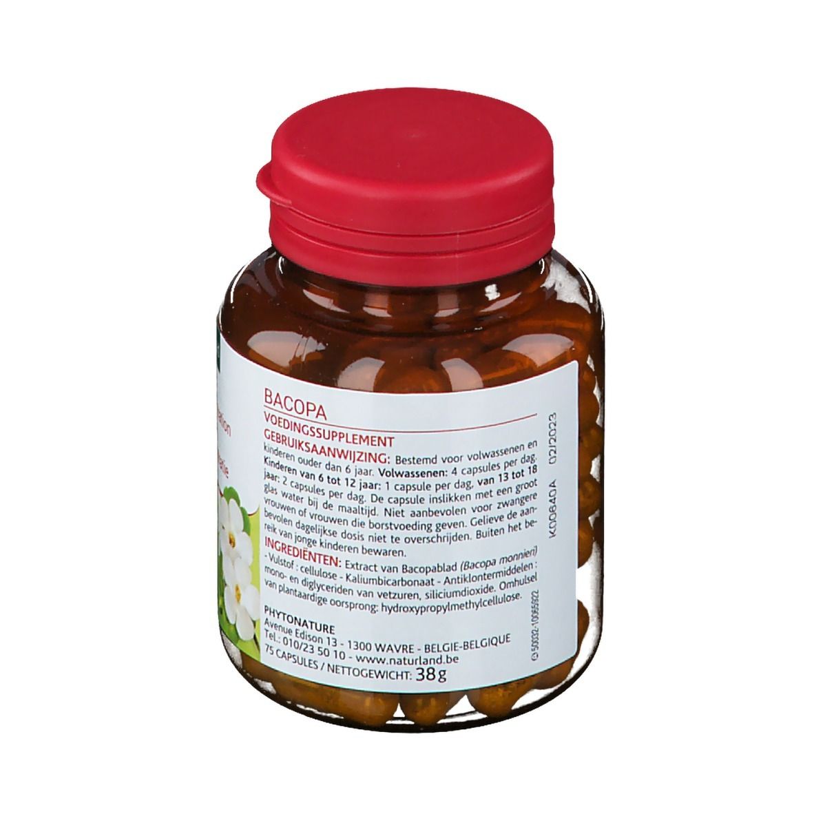 Dos d'un flacon de gélules brunes avec bouchon rouge. Étiquette avec informations produit, ingrédients et logo Naturland.
