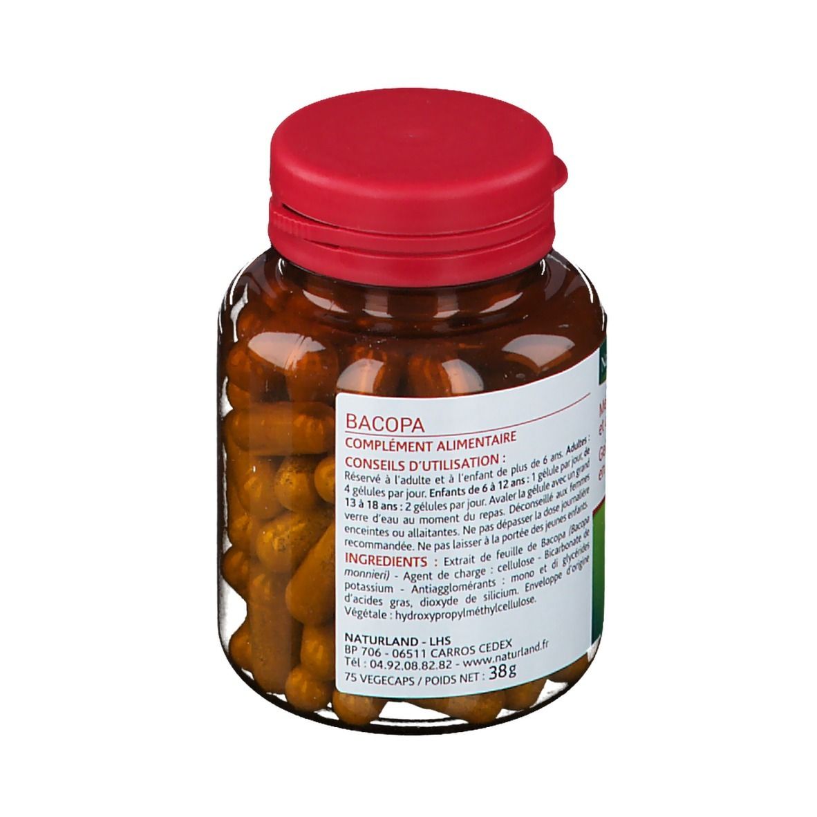Vue arrière d'un flacon de gélules brunes avec bouchon rouge. Étiquette avec informations produit et ingrédients.