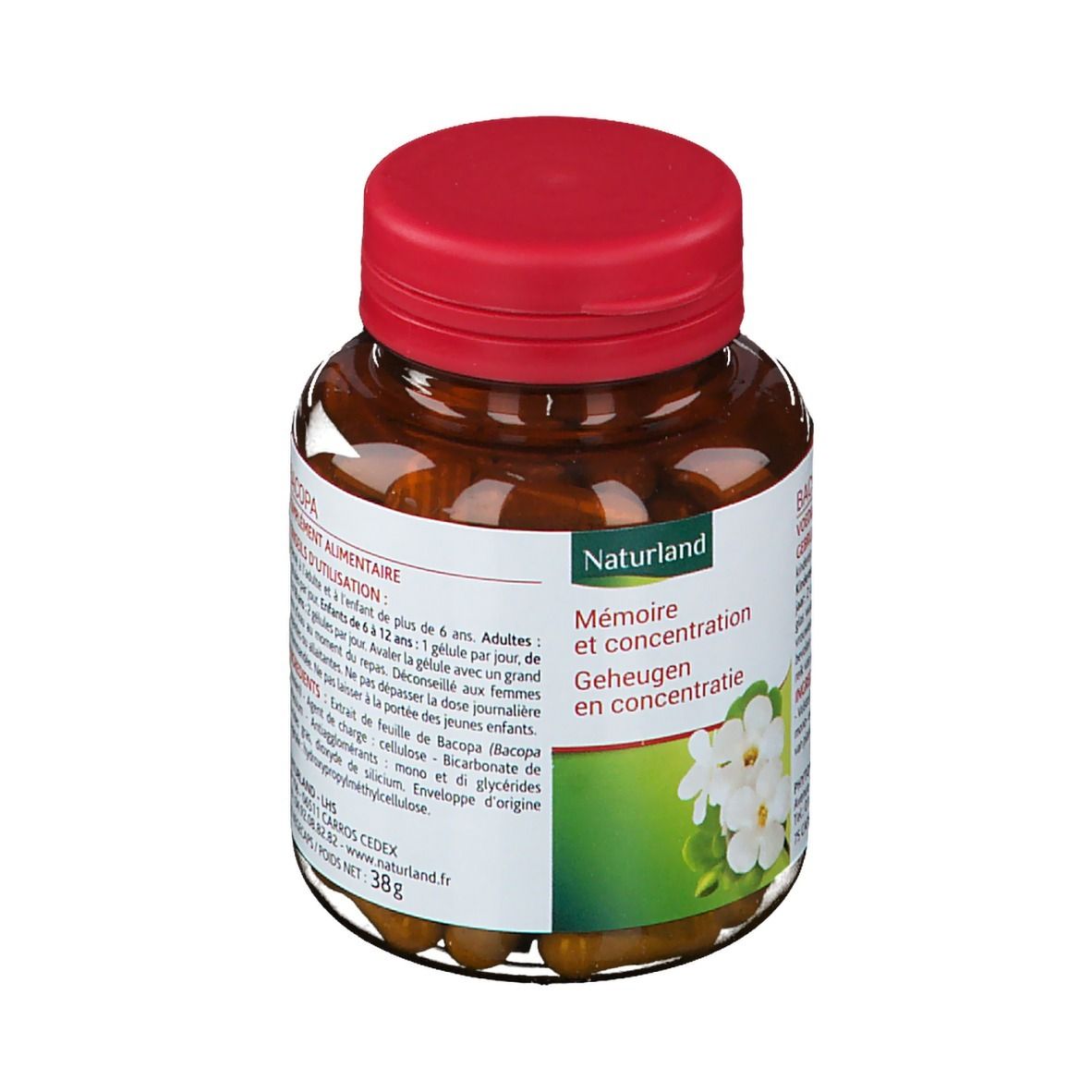 Flacon de gélules brunes avec bouchon rouge. Étiquette avec nom du produit, logo Naturland et image de fleurs.