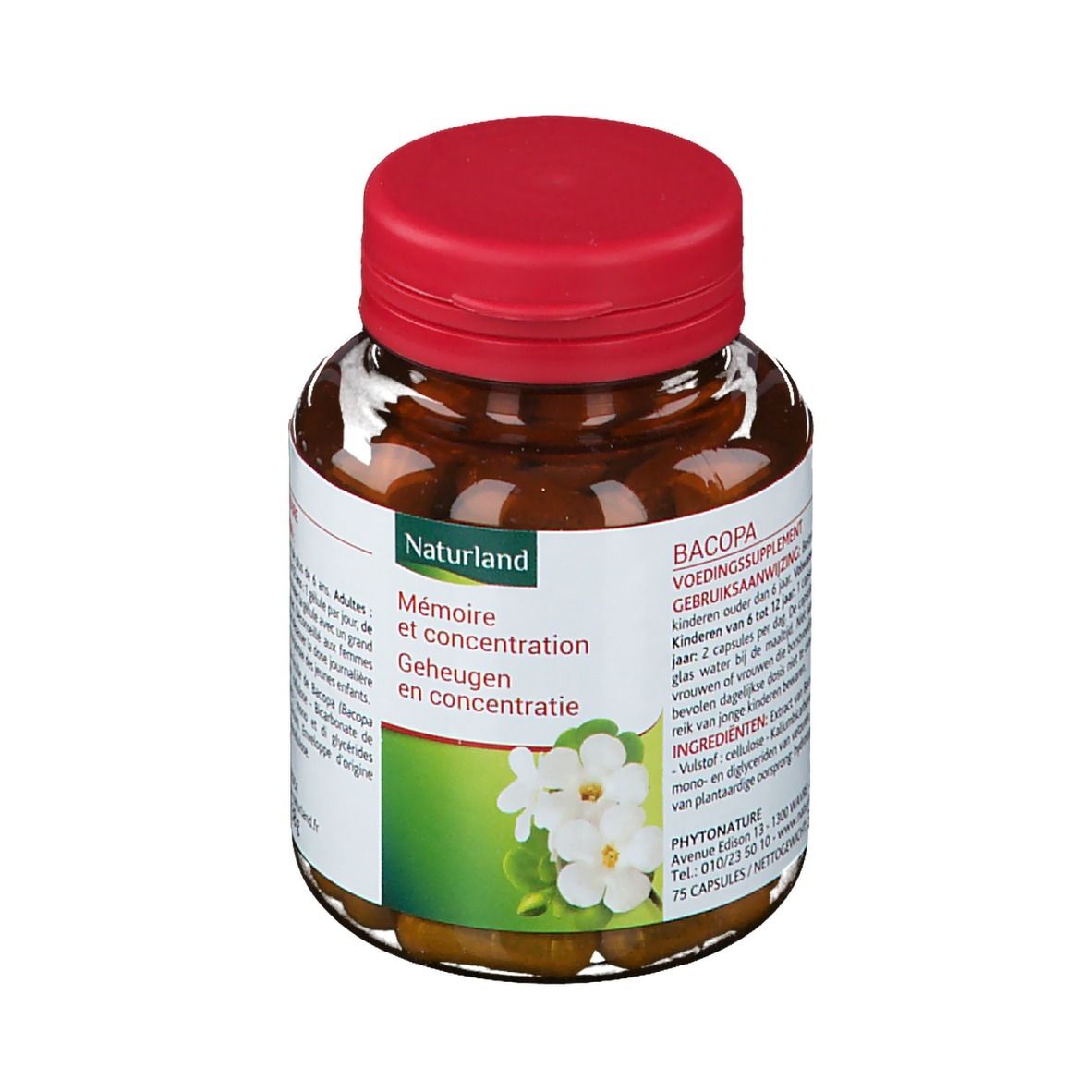 Flacon de gélules brunes avec bouchon rouge. Étiquette avec informations produit et logo Naturland. 75 gélules.