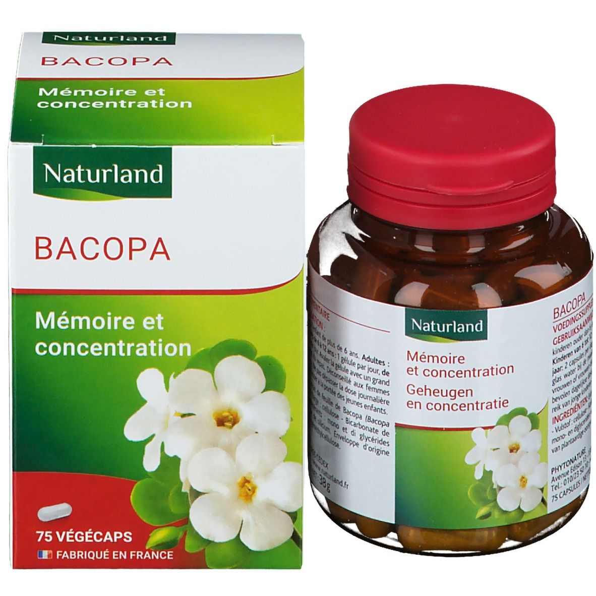 Emballage et flacon de gélules brunes. Emballage avec nom du produit, logo Naturland et image de fleurs.