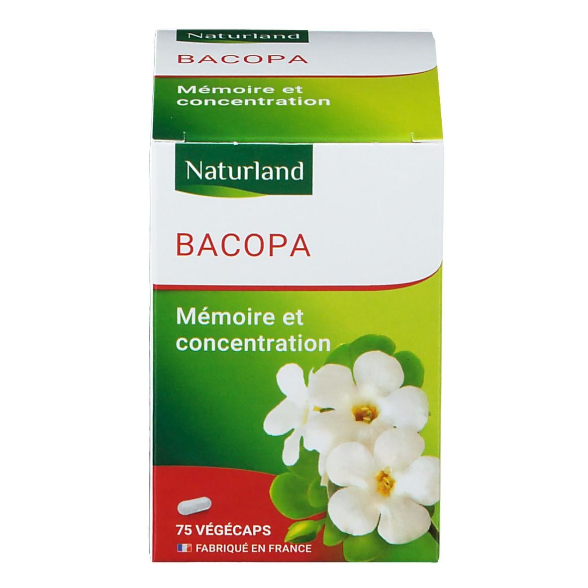 Emballage avec nom du produit, logo Naturland et image de fleurs. Contient 75 gélules.