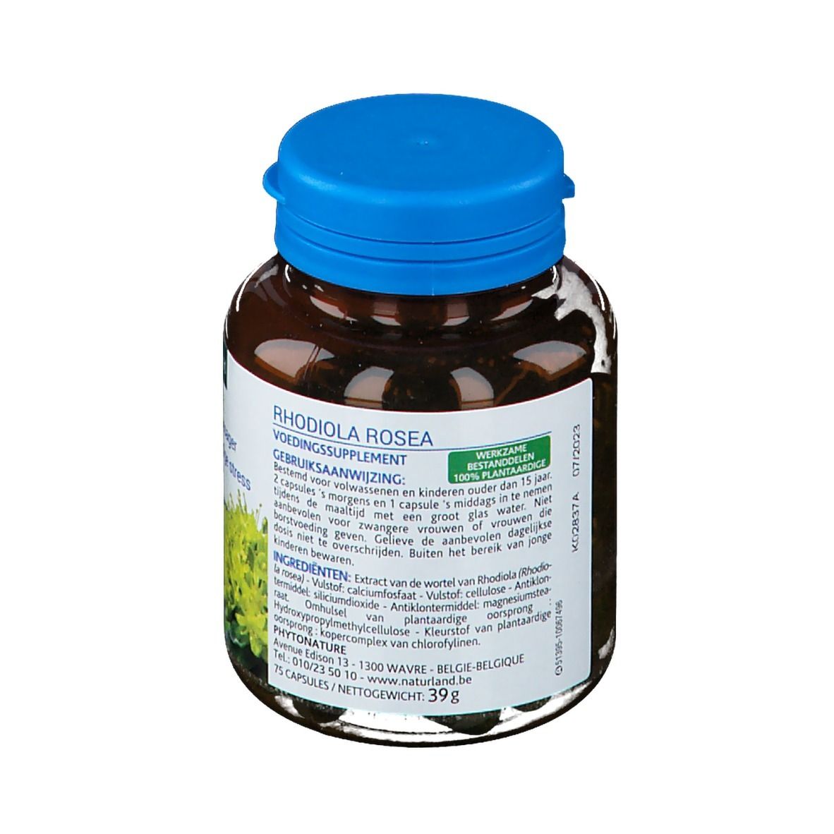 Flacon en verre brun avec bouchon bleu. Étiquette avec informations produit et nom Rhodiola Rosea. 75 gélules.