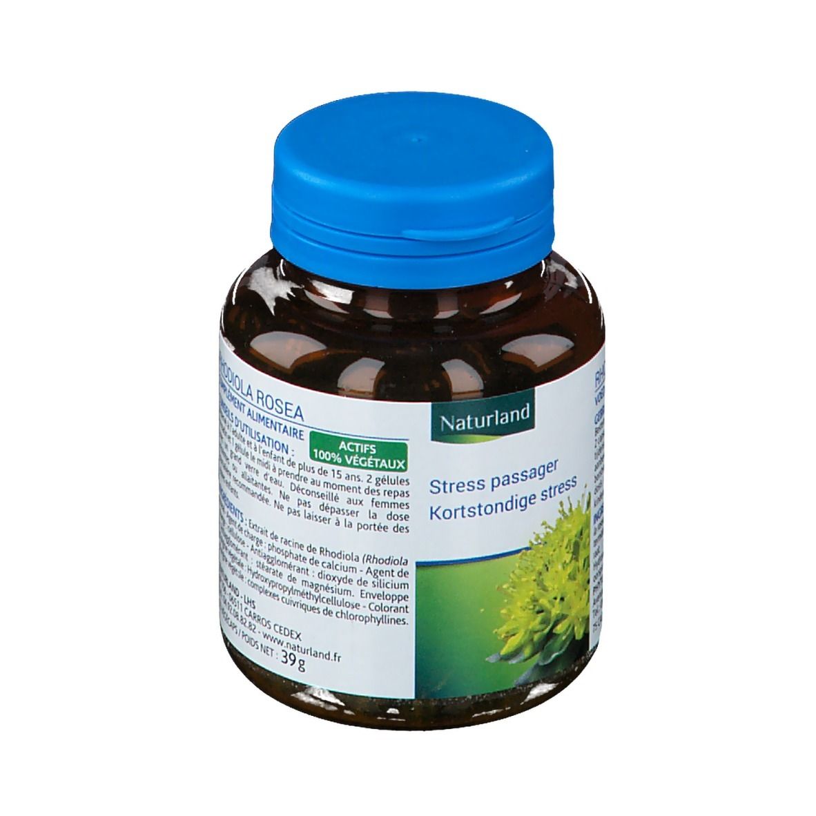 Flacon en verre brun avec bouchon bleu. Étiquette avec informations produit et nom Rhodiola Rosea. 75 gélules.