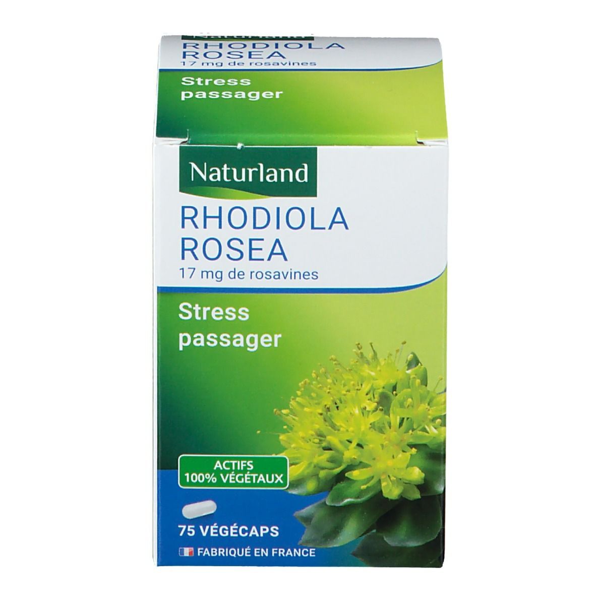 Boîte blanche avec informations produit et nom Rhodiola Rosea. 75 gélules. Logo vert.