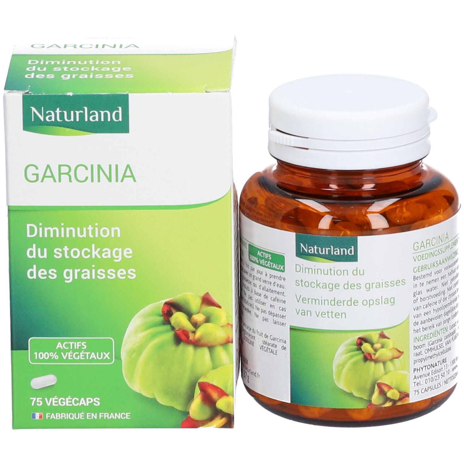 Braune Flasche und Schachtel. Auf der Schachtel: Produktname, Garcinia-Abbildung, Naturland-Logo. Flasche mit Kapseln.