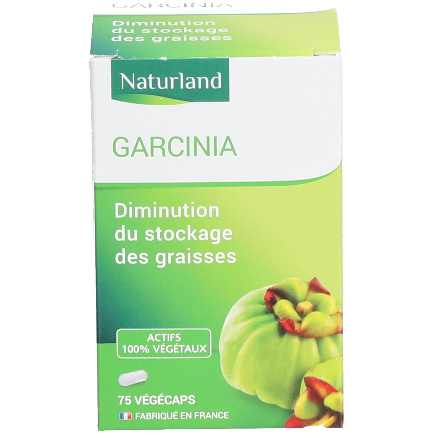 Weiße Schachtel mit Produktinformationen und Garcinia-Abbildung. Naturland-Logo. 75 Kapseln.