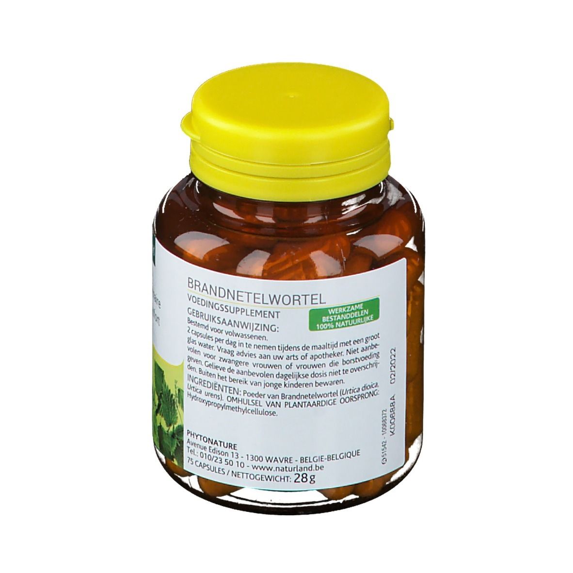 Flacon marron à bouchon jaune. Inscription: Brandnetelwortel. Étiquette avec ingrédients et dosage.