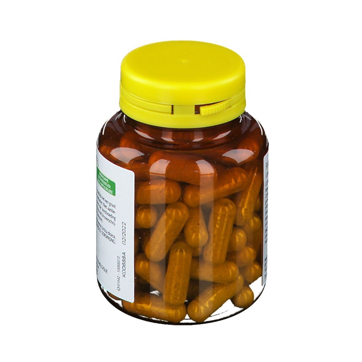 Flacon marron à bouchon jaune. Gélules visibles. Étiquette avec ingrédients et dosage.