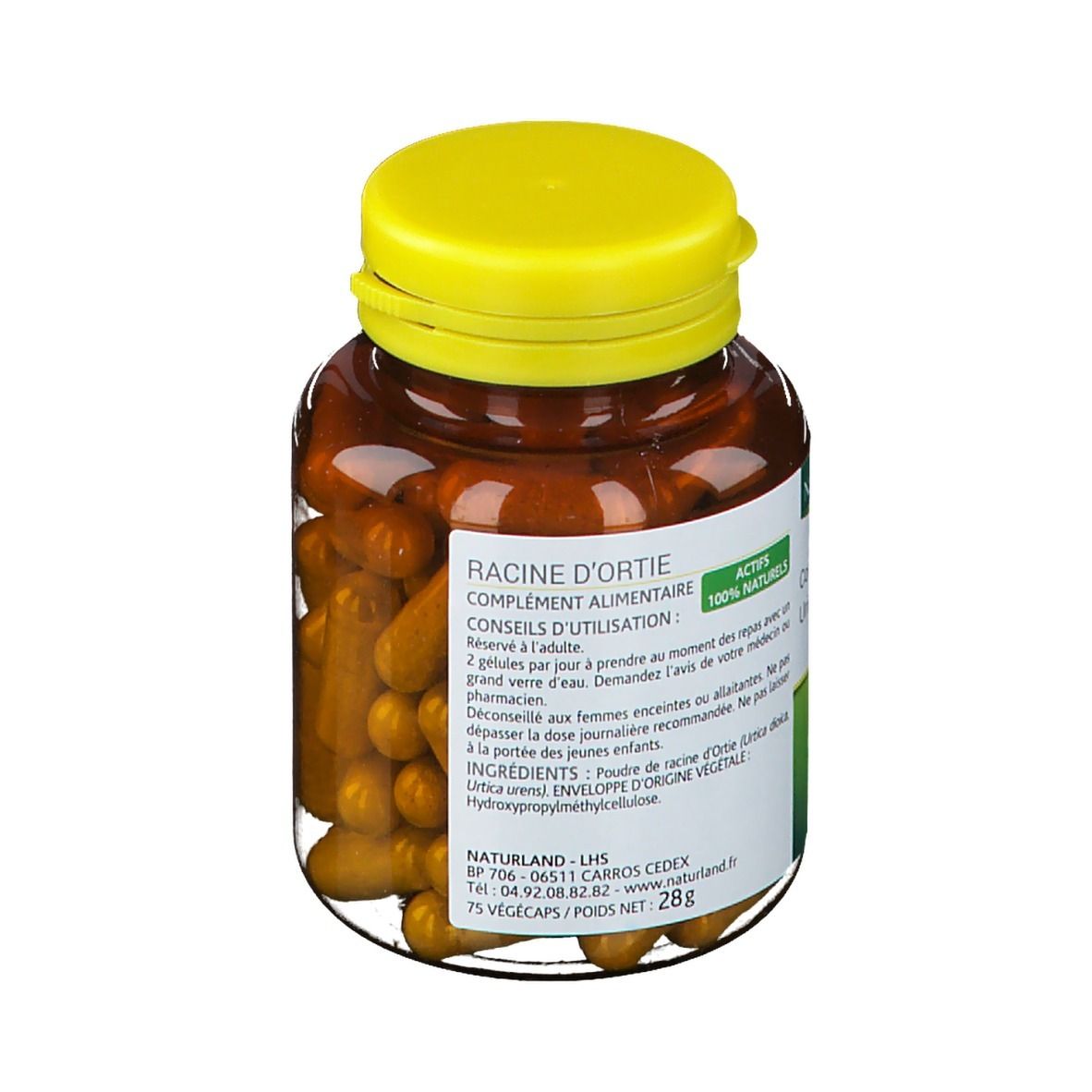 Flacon marron à bouchon jaune. Inscription: Racine d'ortie. Étiquette avec ingrédients et dosage.