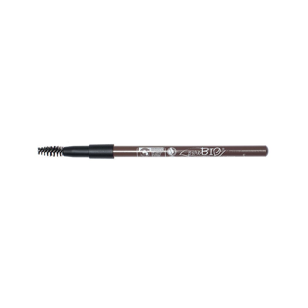 Crayon à sourcils brun avec brosse. Inscription : puroBIO.